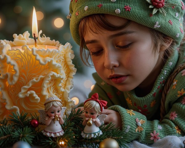 Young girl admiring a decorative candle in festive setting