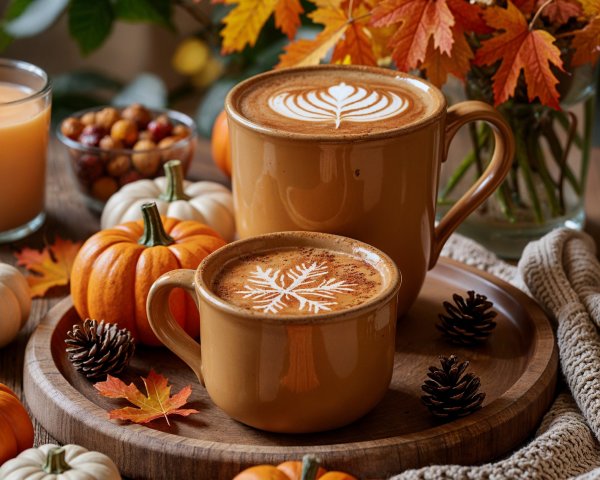 Cozy Autumn Scene with Lattes and Fall Decorations
