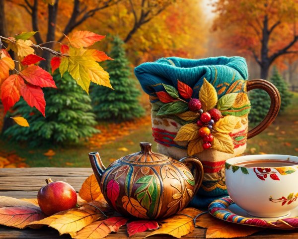 Cozy Autumn Scene with Teapot and Fallen Leaves