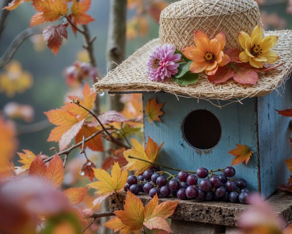 Charming Blue Birdhouse Surrounded by Autumn Leaves