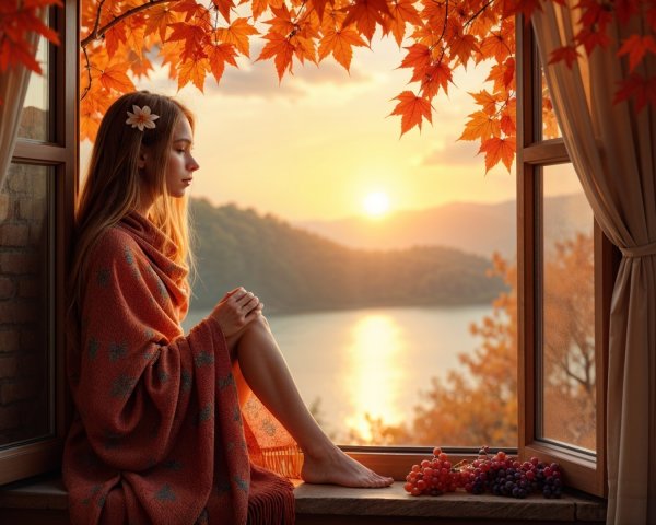 Young woman by window with autumn landscape view
