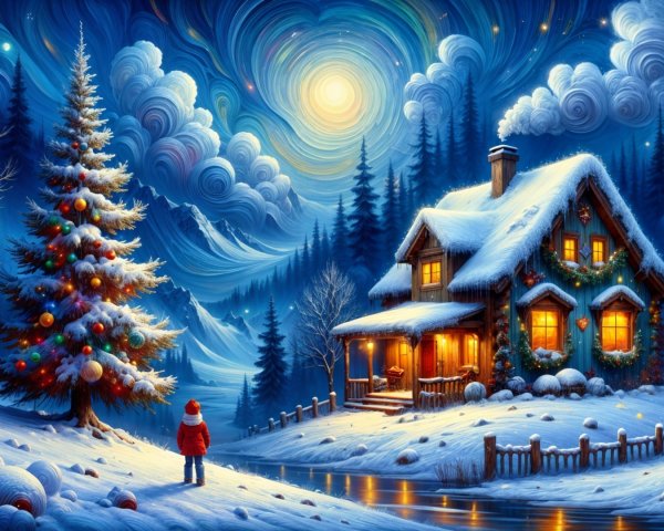 Cozy Cabin Scene with Christmas Tree and Snowy Landscape