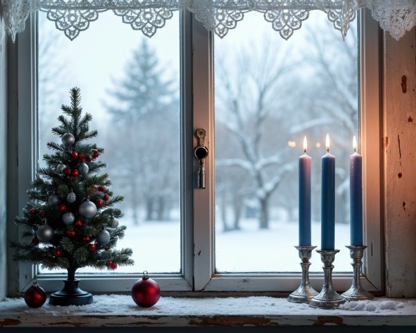 Cozy Winter Scene with Christmas Tree and Candles