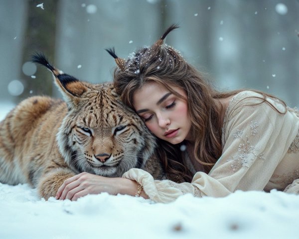 Serene winter scene with woman and lynx in snow