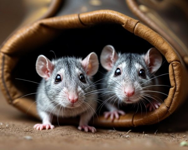 Gray-and-white mice in a leather boot hideout