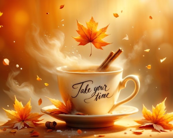 Cozy Tea Cup with Autumn Leaves and Cinnamon Sticks