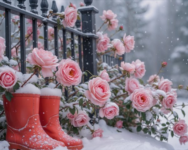 Vibrant Orange Rubber Boots Amidst Snow and Roses