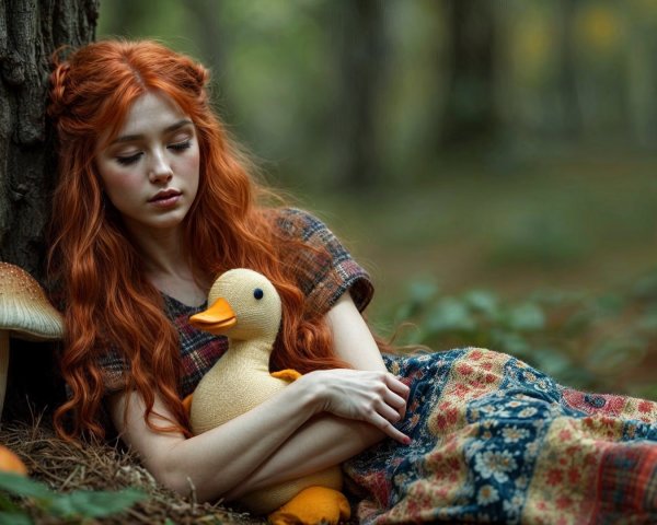 Young Woman with Duck in Enchanted Forest Setting