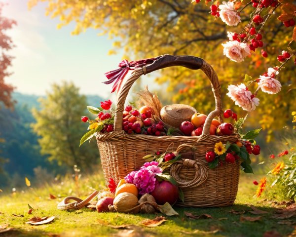 Woven Basket with Fruits and Flowers Under Autumn Sky