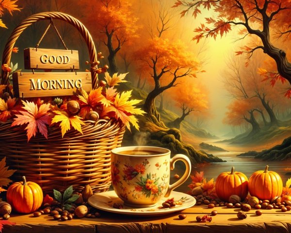 Cozy Autumn Scene with Leaves, Teacup, and Pumpkins