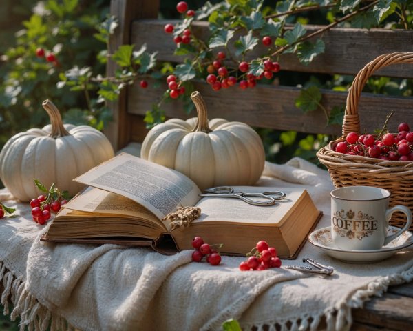 Cozy Autumn Scene with Pumpkins and Open Book