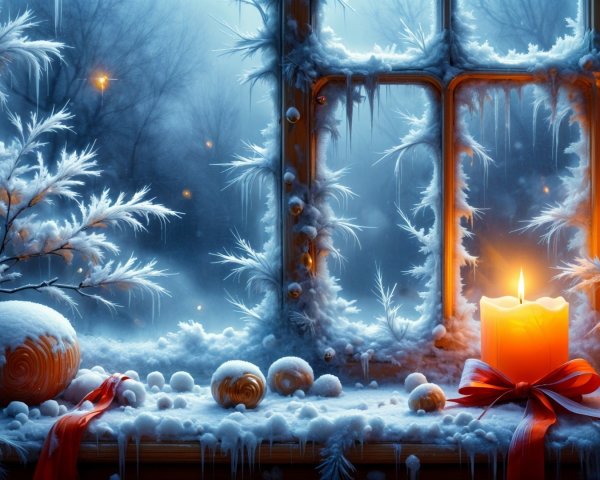 Cozy Winter Scene with Frosted Window and Snow
