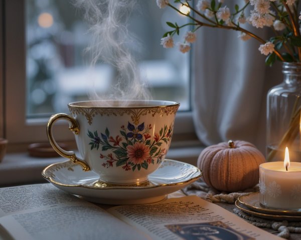 Delicate Porcelain Cup with Floral Designs and Candle