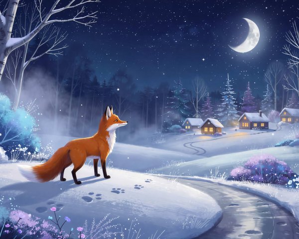 Winter Night Scene with a Red Fox in the Snow