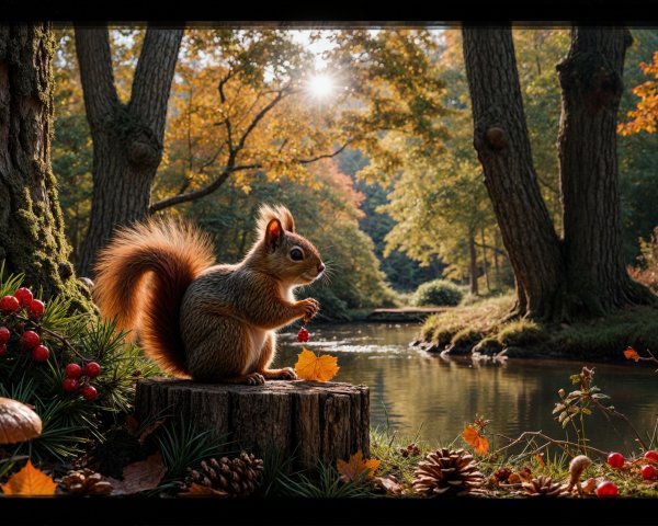 Autumn Forest Scene with Squirrel and Mushrooms