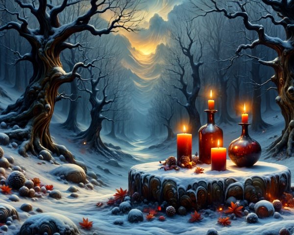 Snowy Landscape with Candles and Fallen Leaves