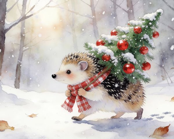 Baby Hedgehog with Christmas Tree in Snowy Forest