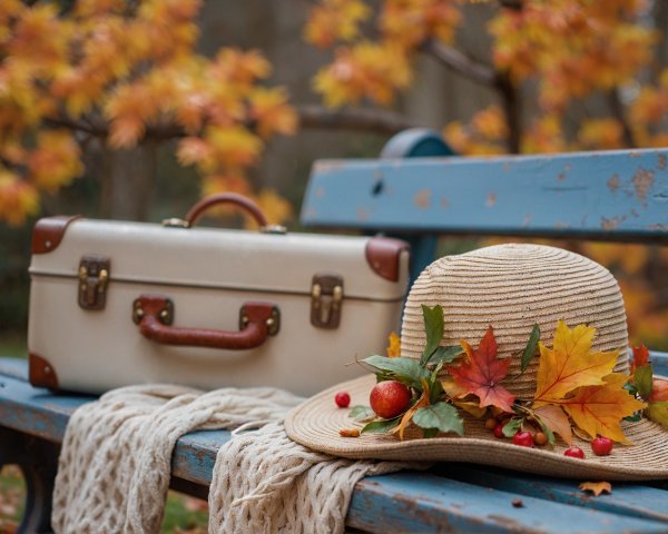 Rustic Blue Bench with Autumn Decor and Vintage Suitcase