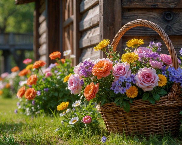 Wicker Basket Filled with Colorful Spring Flowers