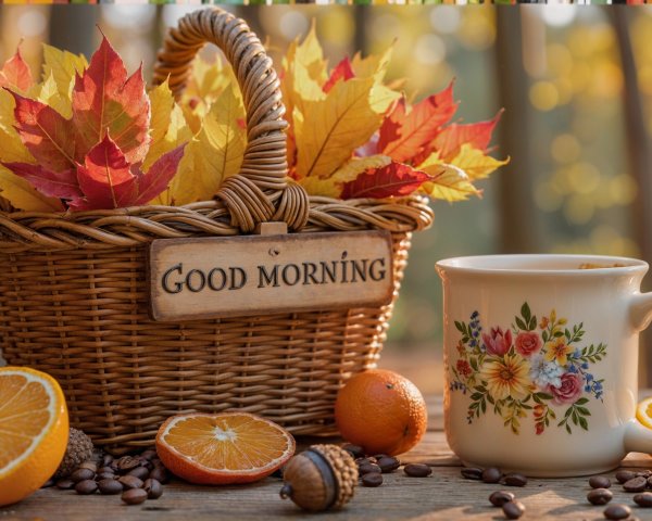 Cozy Autumn Morning Scene with Wicker Basket and Coffee
