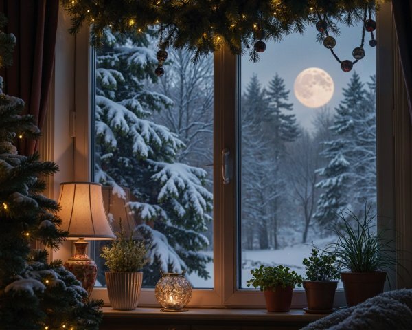 Cozy Winter Scene with Snowy Trees and Christmas Decor