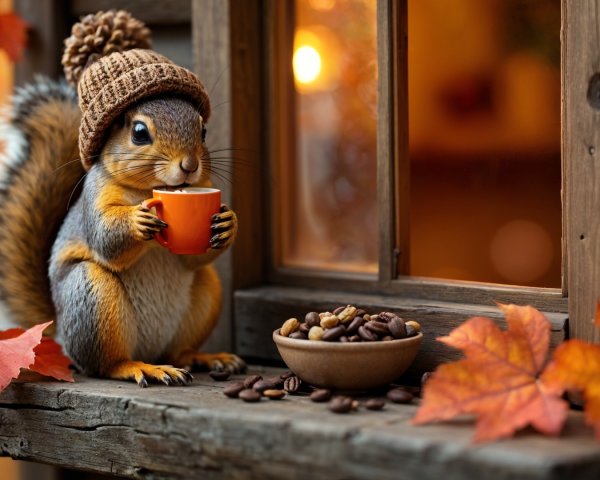 Squirrel in Knitted Hat by Window with Coffee Beans