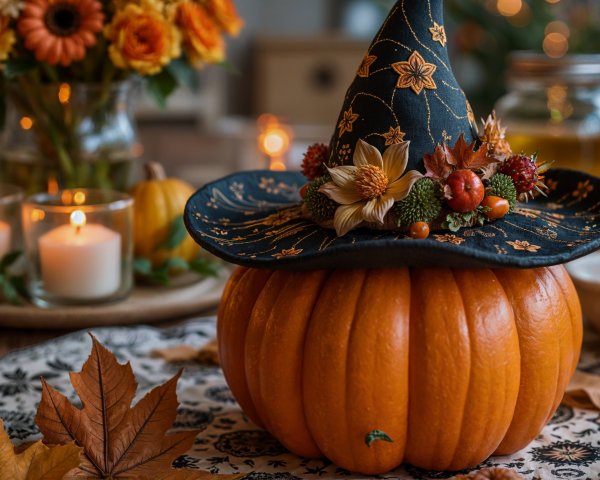 Decorative Pumpkin with Witch Hat and Autumn Decor