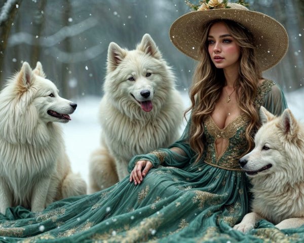 Woman in Emerald Gown Surrounded by Samoyed Dogs