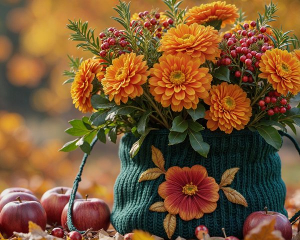 Knitted Green Basket with Orange Flowers and Apples