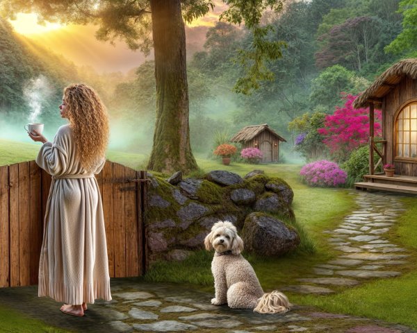 Serene Dawn Landscape with Woman and Dog by Cottages
