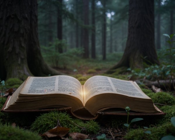 Open Book on Moss in a Serene Forest Setting