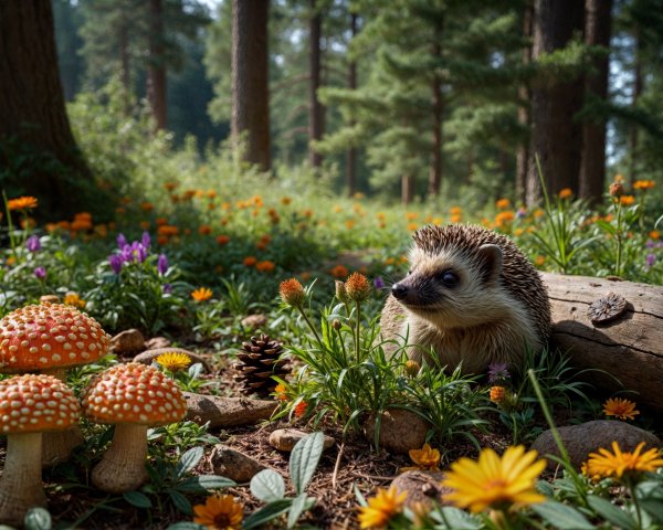 Hedgehog Surrounded by Wildflowers in a Forest Scene