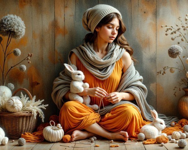 Serene Young Woman with Plush Bunnies in Cozy Setting