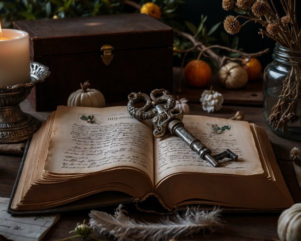 Antique Book and Vintage Key on Rustic Table Setting