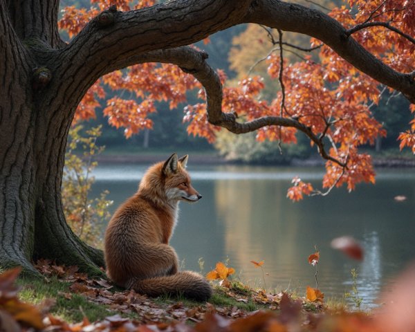 Serene Autumn Landscape with a Red Fox by a Lake