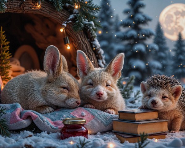 Cozy Winter Scene with Rabbits and Hedgehog in Snow