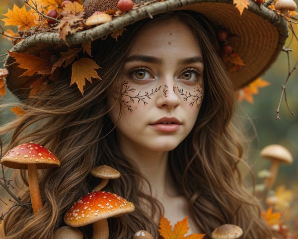 Young woman in autumn-themed forest with mushrooms