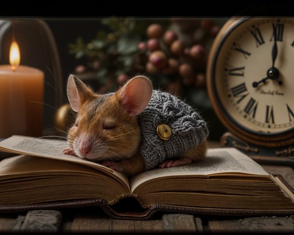 Cozy Scene with a Sleeping Mouse on a Book