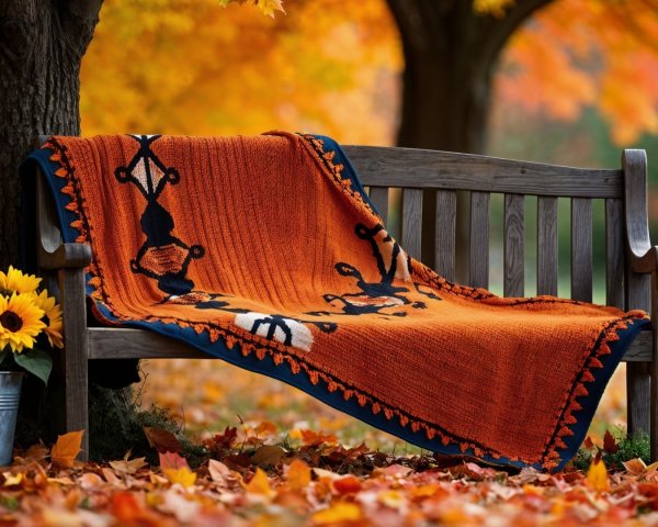 Autumn Park Bench with Blanket and Sunflowers