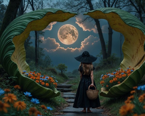 Young girl in black dress in a mystical forest scene