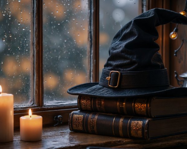 Candlelit Cozy Scene with Witch's Hat and Books