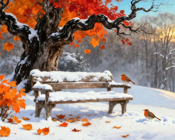 Winter Scene with Snow-Covered Bench and Autumn Leaves