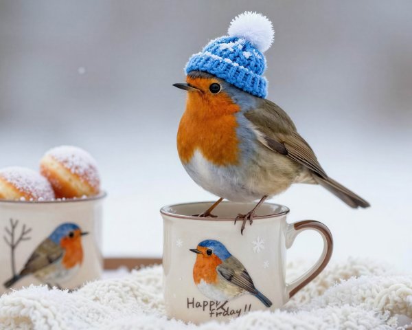 Robin with Knitted Hat on Mug and Donuts Display