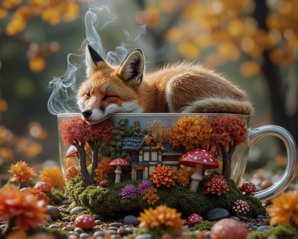 Sleeping Fox in Whimsical Teacup with Autumn Decor