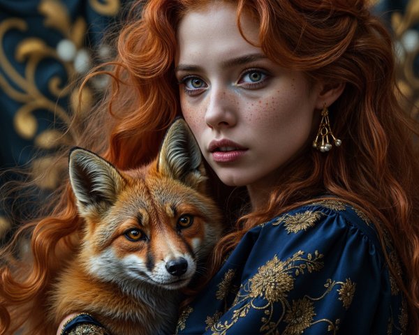 Young woman with red hair and fox in floral setting