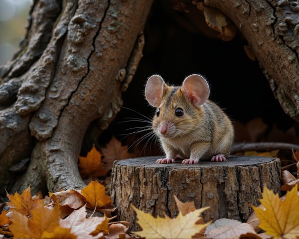 Cute Mouse on Mossy Stump in Autumn Leaves