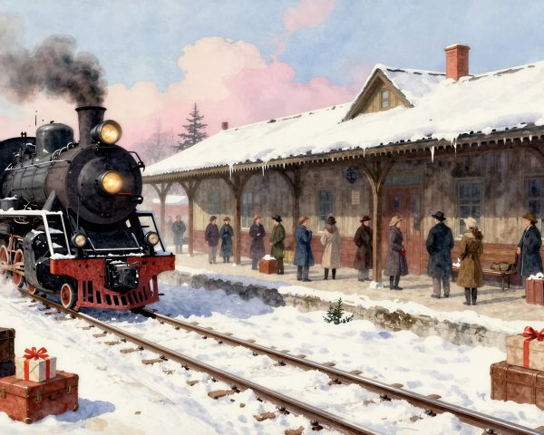 Watercolor Holiday Scene at Snowy Train Station