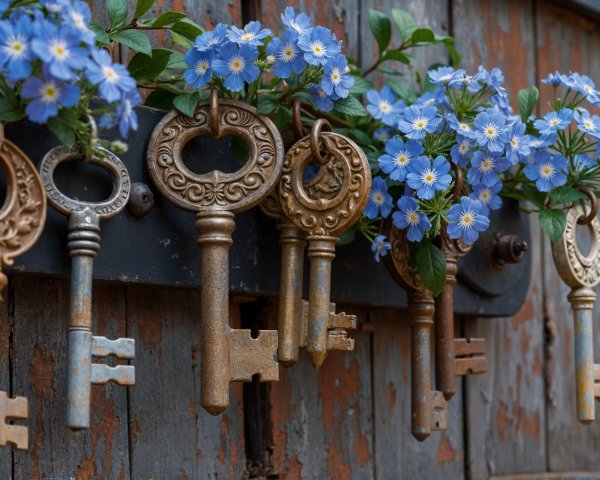 Rustic Door with Vintage Keys and Blue Flowers