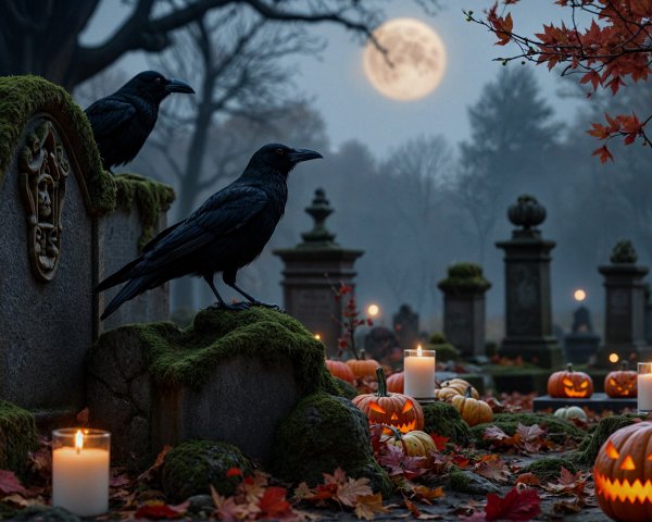 Cemetery Scene with Moonlight and Autumn Elements