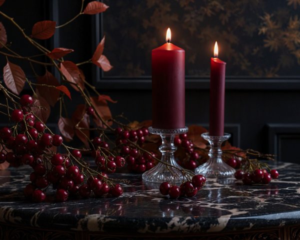 Elegant Table Setting with Burgundy Candles and Leaves